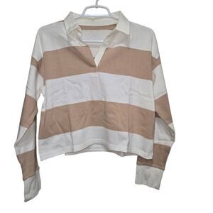 Aerie Cropped Rugby Polo XS Cream Tan Stripe NWT